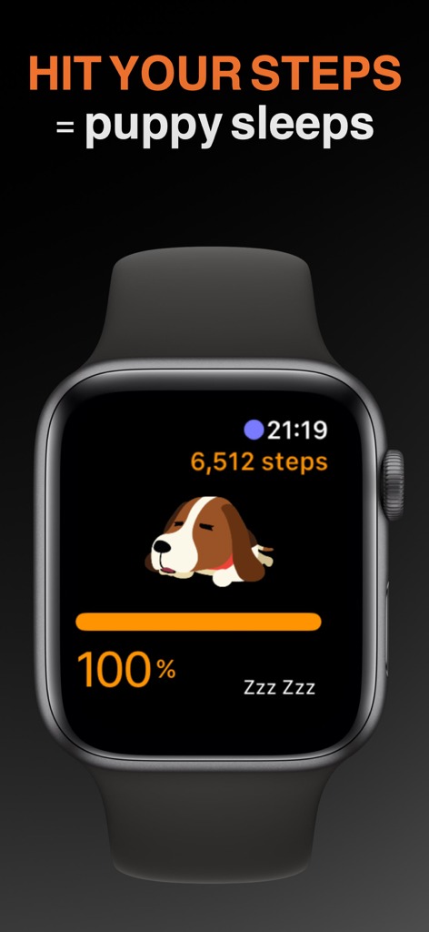 StepDog: Step Counter with Dog - Apple Watch screen showing a sleeping virtual puppy and 100 percent step goal completion.