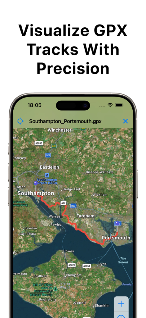 TrailWay: GPX Hiking Companion - Un smartphone que muestra una ruta GPX roja en un mapa satelital detallado con el texto Visualiza Pistas GPX con Precisión.