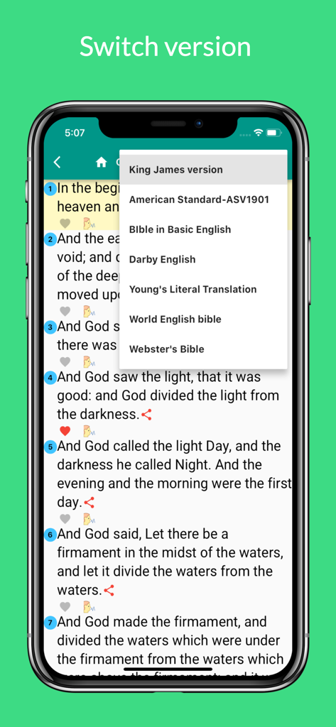 Switch version menu in the Word of God Bible app displaying multiple translations