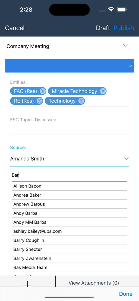 Tamale RMS mobile screen for capturing company meeting notes with tags and source selection.