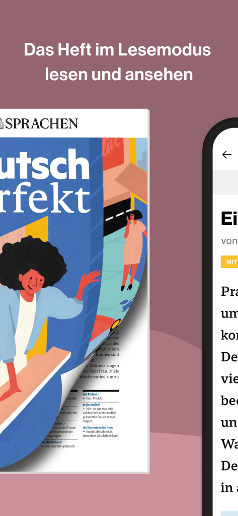 Smartphone screen showing the Deutsch perfekt magazine cover and its integrated reading mode interface