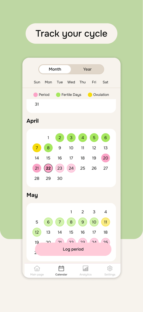 Nayya - cycle & mood tracker - Nayya app calendar interface displaying period, fertile days, and ovulation tracking