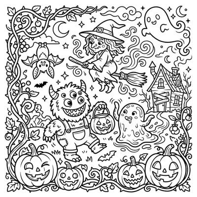 Get ready for a frightfully fun coloring experience with this Halloween-themed page! Featuring an array of friendly monsters, a flying witch, and grinning jack-o'-lanterns, it's perfect for celebrating the spooky season.