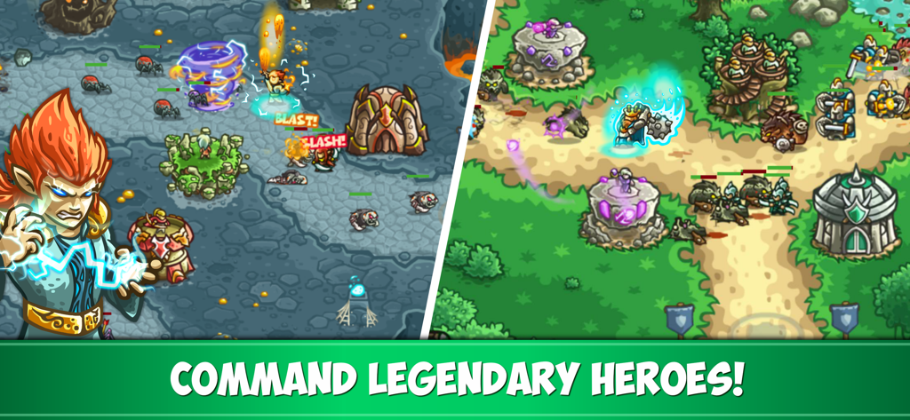 Kingdom Rush Origins gameplay showing heroes and towers defending against waves of enemies in different fantasy environments.