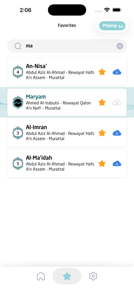 A screenshot of the Telawat app favorites section showing a list of saved Quranic surahs and their reciters with download options.