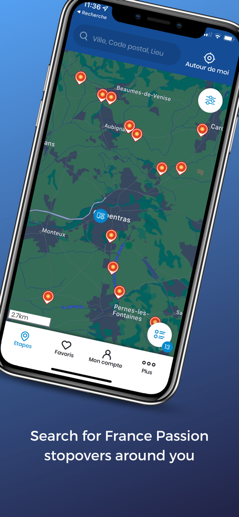 Vista de mapa de la aplicación móvil France Passion mostrando ubicaciones de paradas para autocaravanas cerca de Carpentras en Francia.