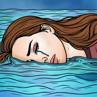 realistic woman laying in a sea of  her own tears