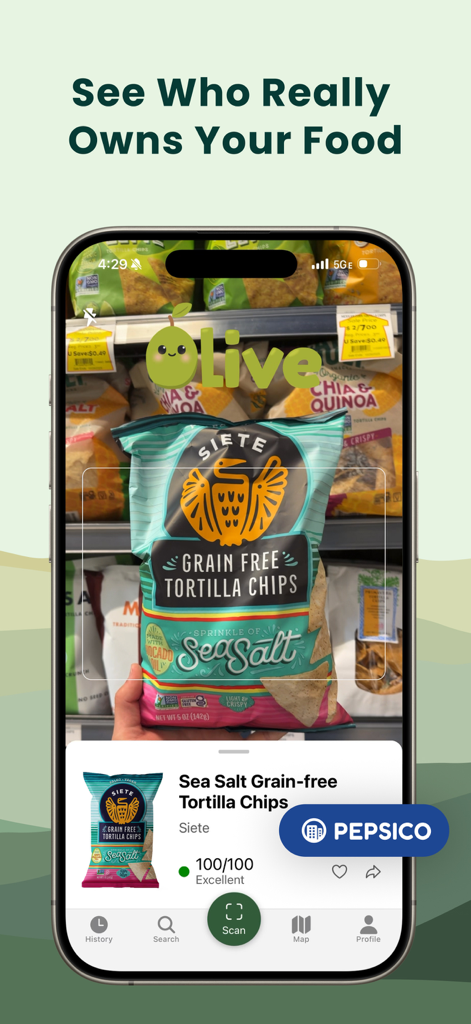 Olive app scanning a bag of grain-free tortilla chips to show its health score and corporate owner Pepsico
