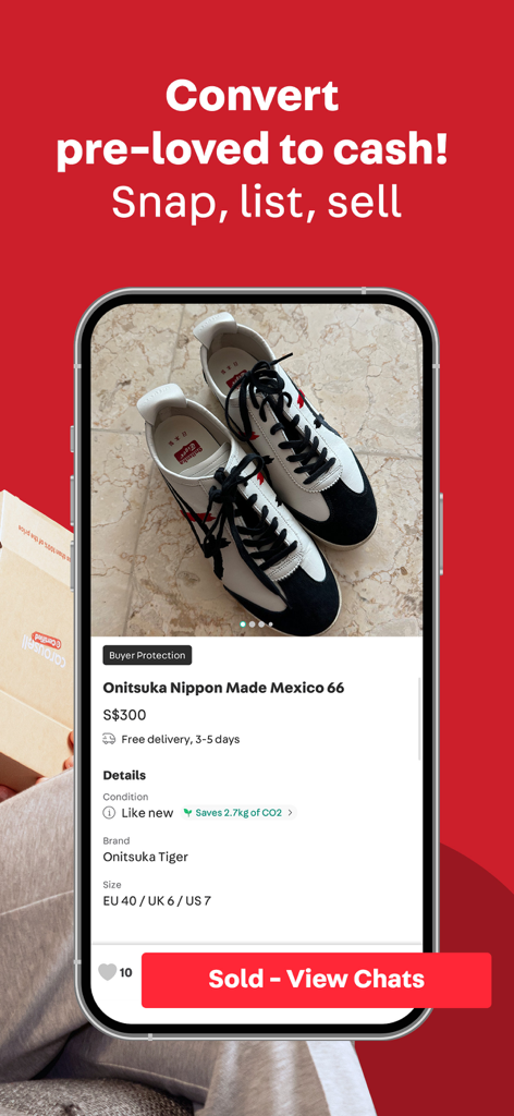 Carousell app interface showing a sold pair of sneakers with the slogan Convert preloved to cash