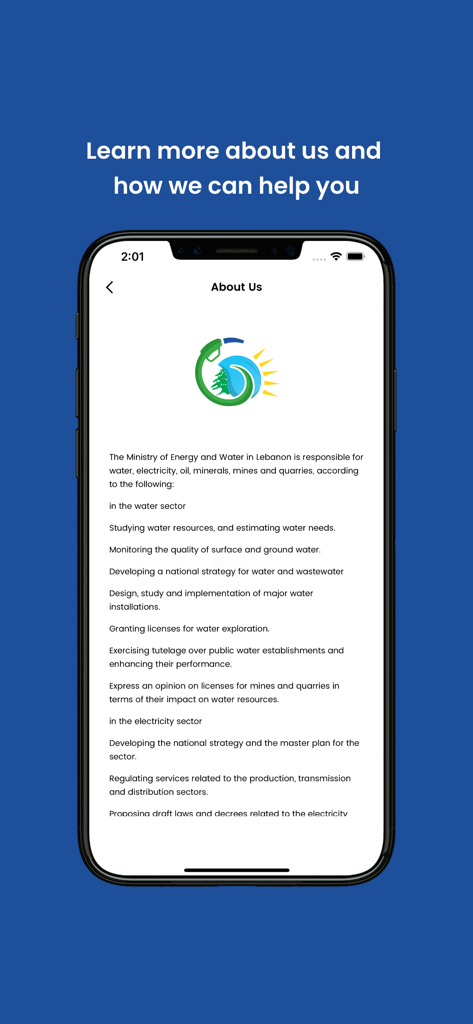 About Us screen of the Lebanon Fuel Price MOEW app showing the responsibilities of the Ministry of Energy and Water
