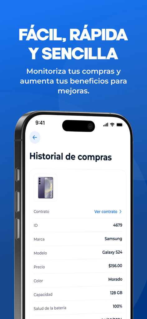 QuickOffer | Paga Después - Pantalla del historial de compras de la aplicación QuickOffer que muestra detalles de un Samsung Galaxy S24