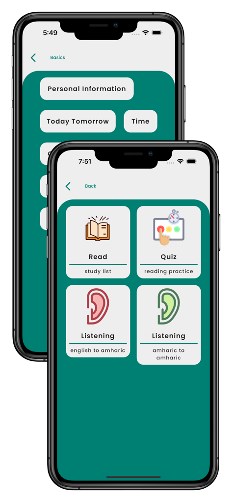Capturas de pantalla de la aplicación Aprende Amárico mostrando temas de lecciones de idiomas y modos de práctica interactivos que incluyen pruebas de lectura y ejercicios de escucha.