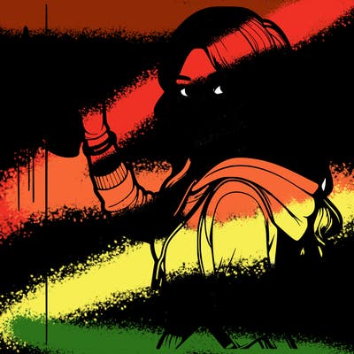 realistic girl with mask spray painting a wall