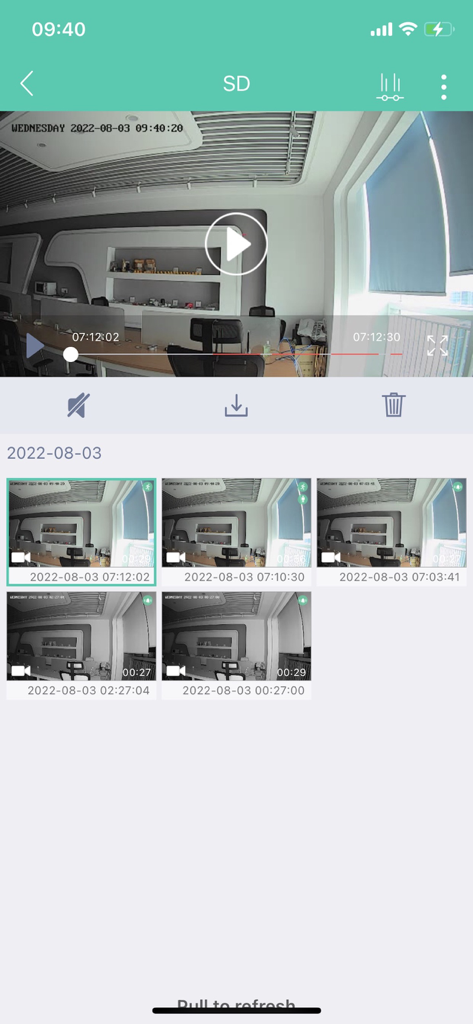 VSmaHome mobile app interface displaying recorded security camera footage and history thumbnails