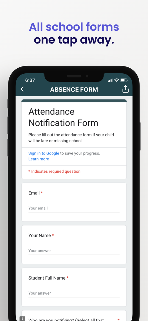 The Montessori App - A mobile screen showing an attendance notification form within The Montessori App interface