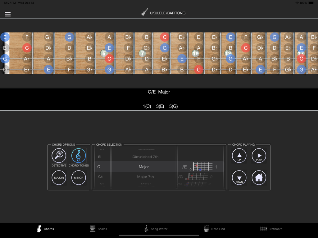 StringMaster Uke - Interface of StringMaster Uke app showing a baritone ukulele fretboard with chord notes and selection controls
