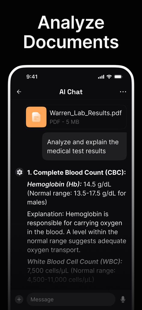 DeepChat - AI Chat Assistant - Interface de l'application DeepChat montrant un assistant IA analysant un document PDF de résultats de laboratoire médical