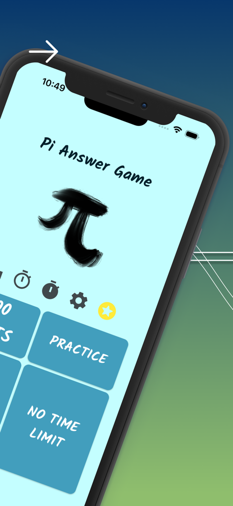 Pi Answer Game app home screen showing practice and no time limit modes