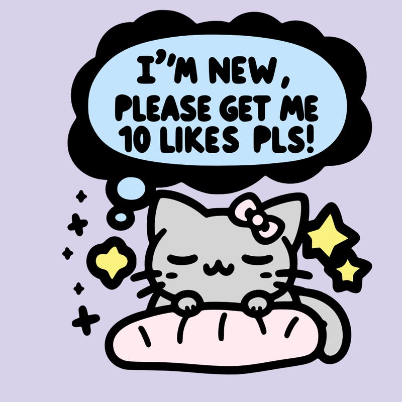 kitty taking a nap dream talking and saying "i'm new, please get me at least 10 likes pls!!"