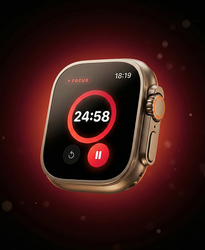 Pomodoro Timer: Focus Watch - Apple Watch exibindo o aplicativo Pomodoro Timer com uma contagem regressiva circular vermelha para uma sessão de foco.