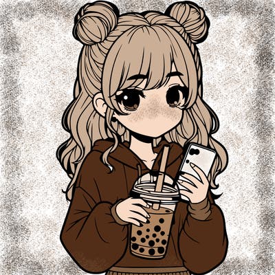 realistic girl with a lphone and boba