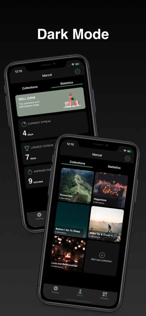 MindGarden: Daily Affirmations - Dos iPhones mostrando la interfaz en modo oscuro de la aplicación MindGarden mostrando colecciones de afirmaciones y estadísticas de usuario