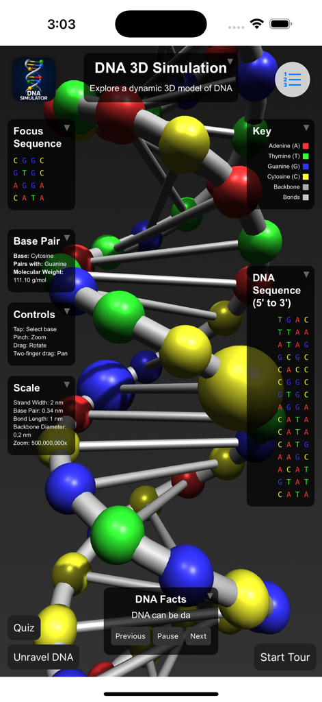 Una simulación interactiva en 3D de una doble hélice de ADN que muestra pares de nucleótidos codificados por colores y paneles de datos educativos