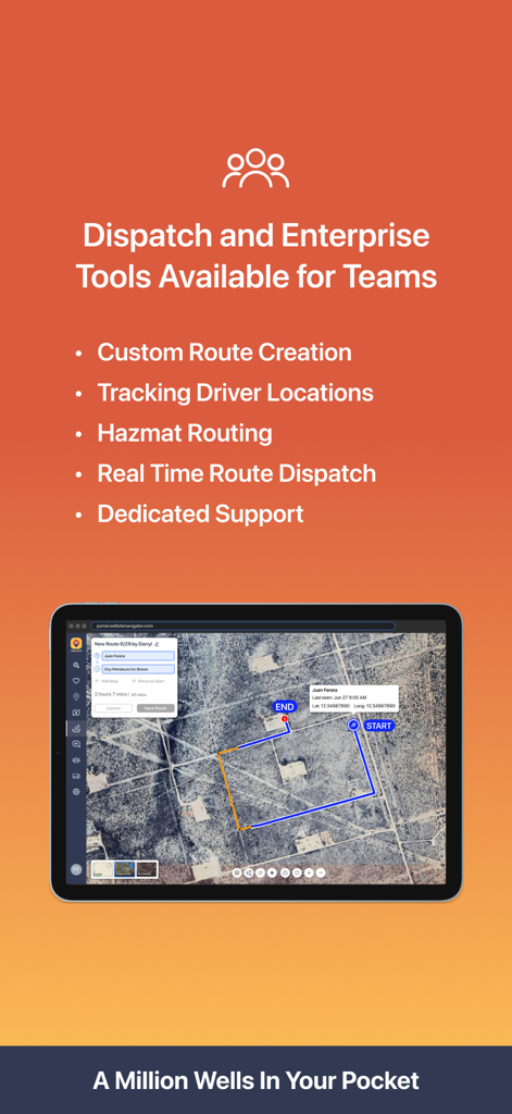Wellsite Navigator app screen showing enterprise dispatch tools and route tracking for oilfield teams.