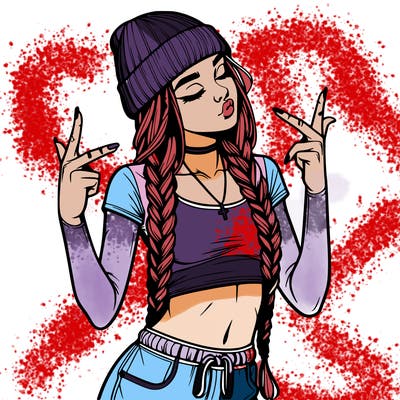 realistic teenage girl with braids and a beanie and crop top doing 🫶🏼