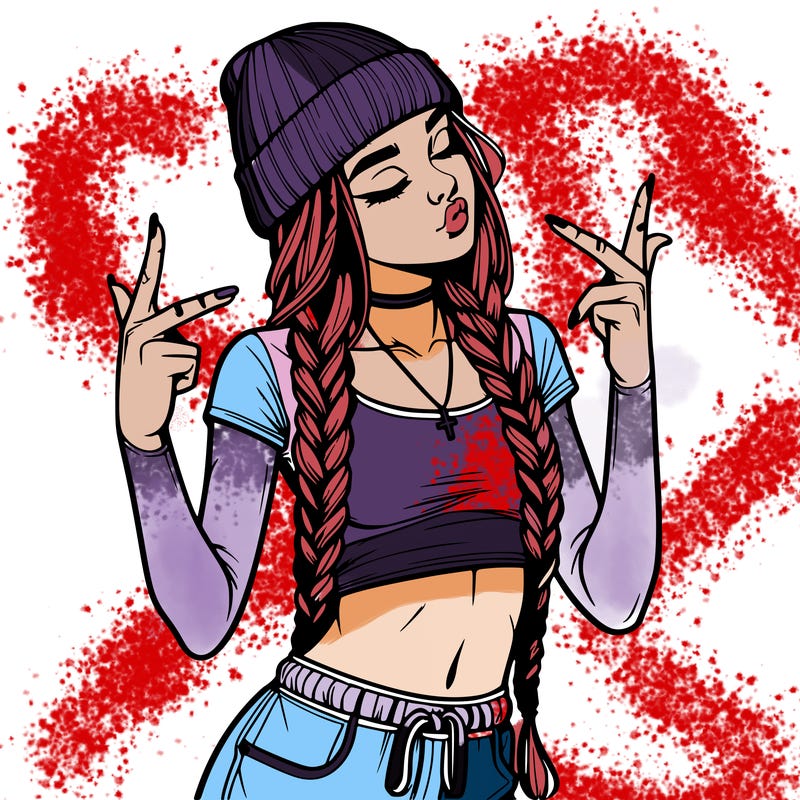 realistic teenage girl with braids and a beanie and crop top doing 🫶🏼