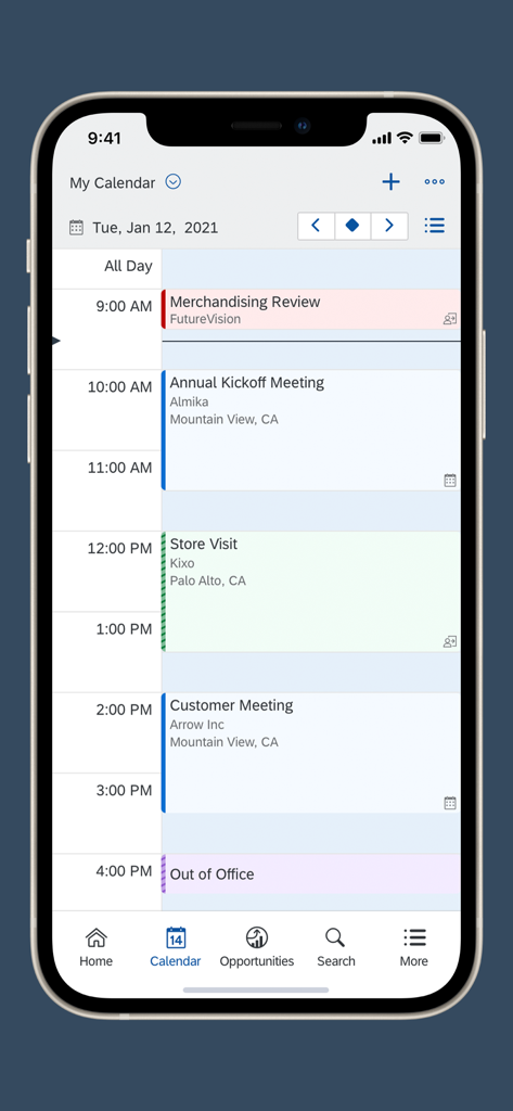 SAP Cloud for Customer - App mobile SAP Cloud for Customer che mostra un calendario giornaliero con riunioni di lavoro e visite ai negozi