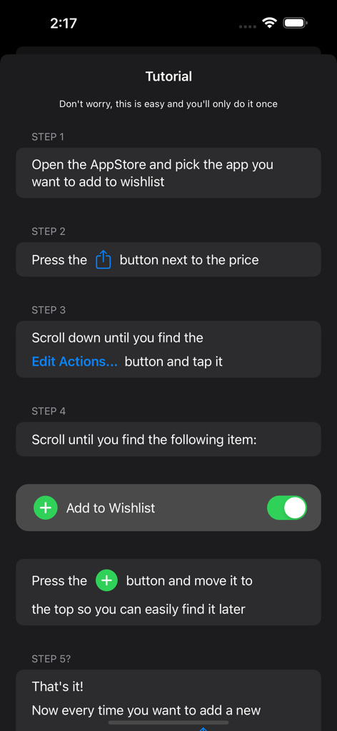 Add to Wishlist for AppStore - Pantalla de tutorial paso a paso que muestra cómo habilitar la extensión Añadir a la Lista de Deseos en la hoja para compartir de iOS.