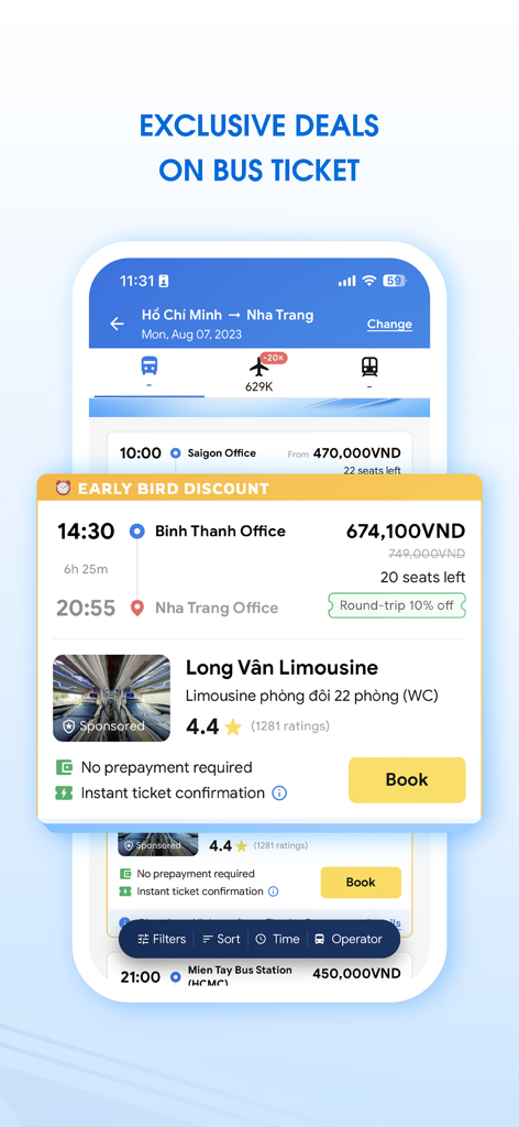 Vexere app interface showing exclusive bus ticket deals for travelers in Vietnam