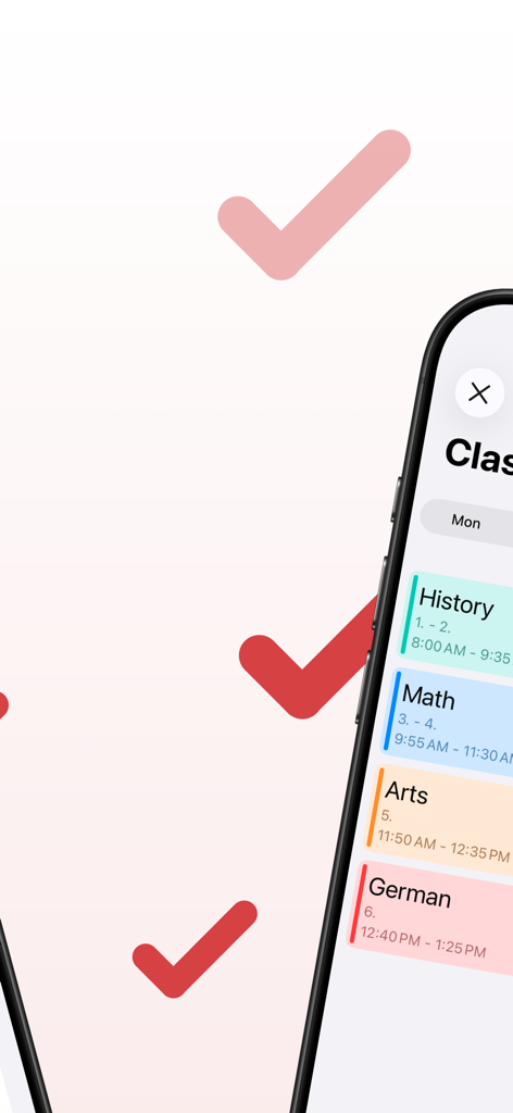 SchoolOrganizer app interface on an iPhone displaying a colorful daily class schedule including History and Math subjects.