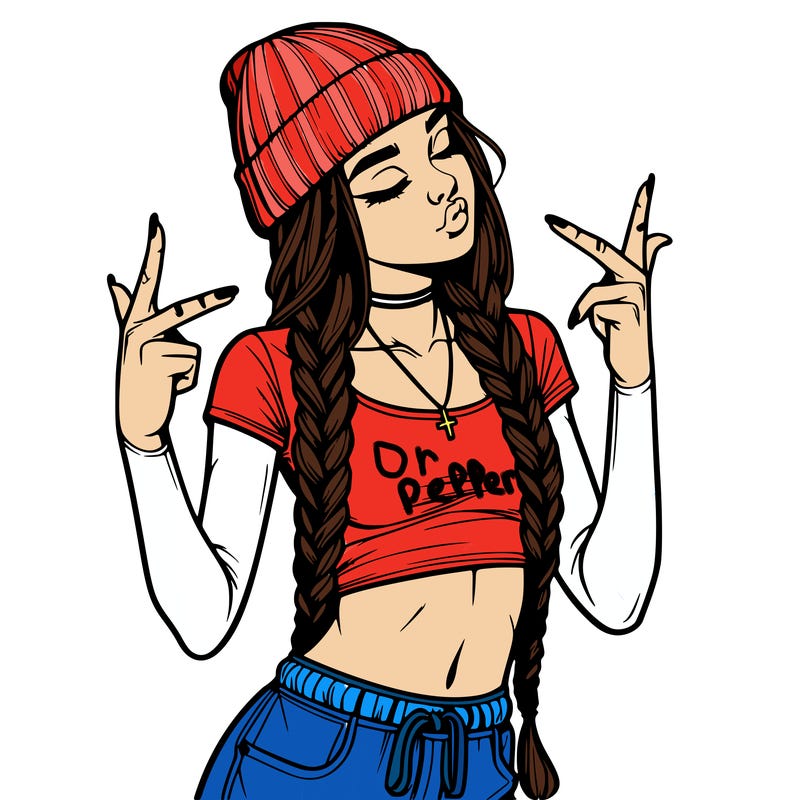 realistic teenage girl with braids and a beanie and crop top doing 🫶🏼