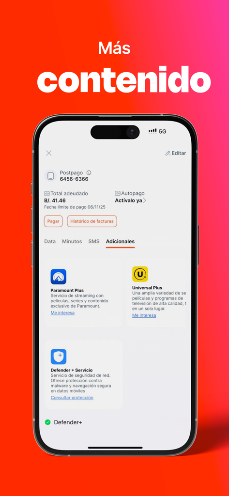 Mi Mas - Screenshot of Mi Mas app showing billing information and streaming service subscriptions