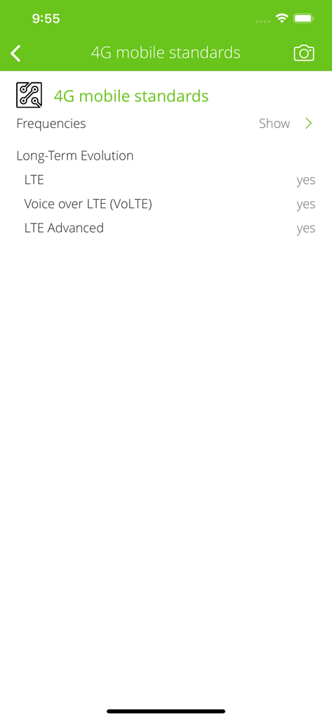 VoLTEおよびLTE Advancedを含む4Gモバイル標準の互換性を表示するLTE Infoアプリのディスプレイ。