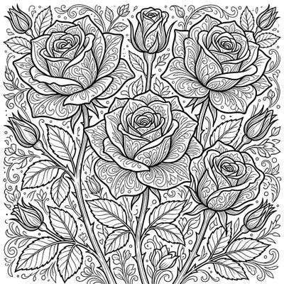 Dive into the beauty of nature with this intricate adult coloring page featuring stunning Hybrid Tea Roses. Its detailed designs offer a perfect escape for relaxation and creative expression.