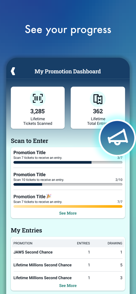 MA Lottery - MA Lottery app promotion dashboard showing ticket scan history and second chance drawing entries