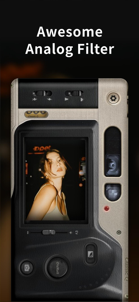 OldRoll app interface featuring a retro camera UI and vintage film filter.