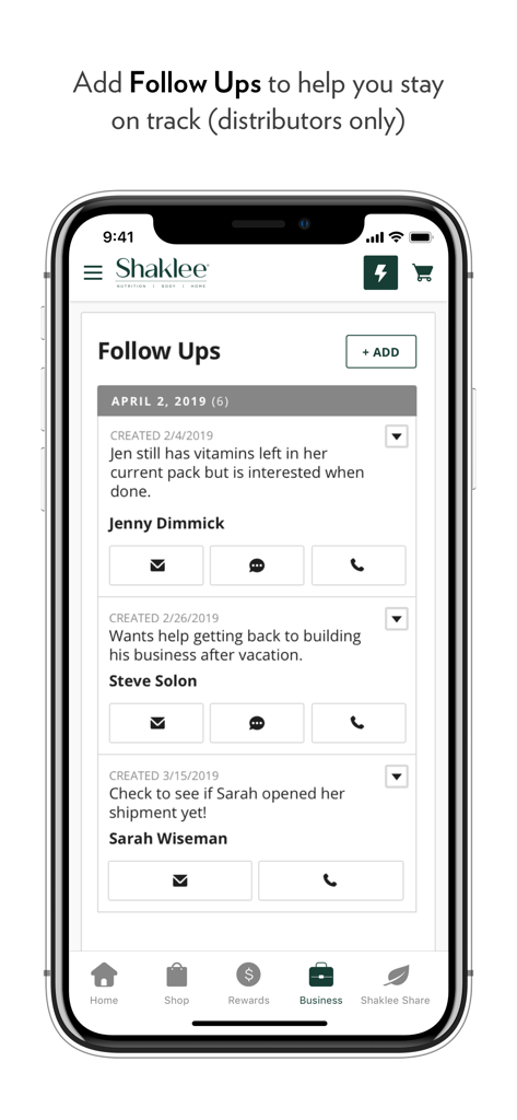 Shaklee Connect - Shaklee Connect app interface showing the distributor follow ups task list with client contact options