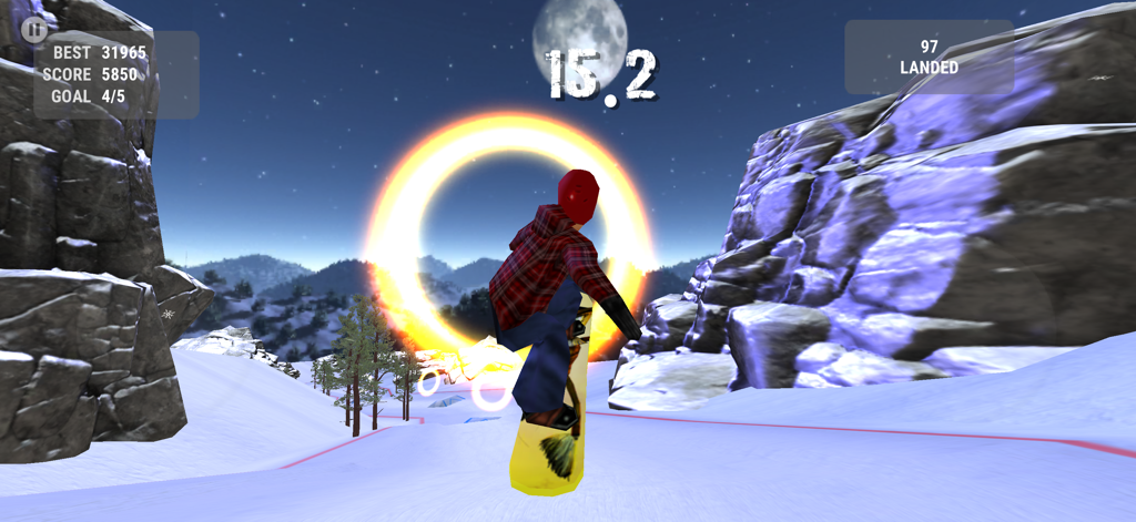 Crazy Snowboard - A snowboarder jumps through a glowing orange ring during a night level in Crazy Snowboard.