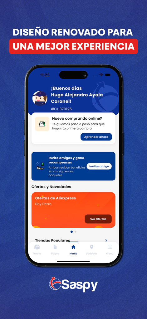 Saspy Express mobile app dashboard interface showing user profile and international shipping features