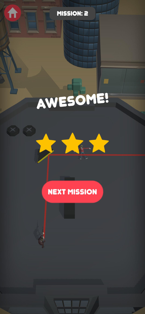 Host Part Hits 게임 플레이 스크린샷으로, 세 개의 별과 다음 임무 버튼으로 임무 완료를 보여줍니다.