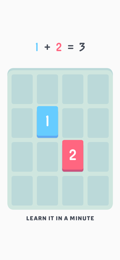 Threes! - Gameplay-Screenshot von Threes, der eine blaue 1-Kachel und eine rote 2-Kachel auf einem Raster zeigt, mit dem Text 'Lerne es in einer Minute'.