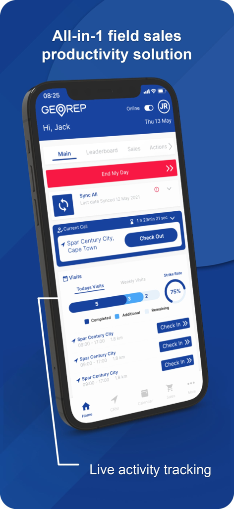 Geo CRM - Geo CRM mobile dashboard showing live activity tracking and field sales visit management