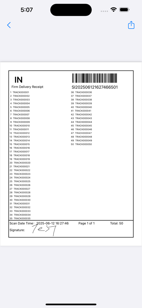 Un recibo de entrega digital firmado que enumera múltiples IDs de paquetes rastreados en la aplicación TrackingScan