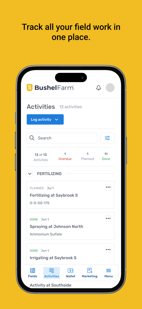 Bushel Farm - Interfaz de la aplicación móvil Bushel Farm que muestra una lista de actividades agrícolas rastreadas como fertilización y pulverización
