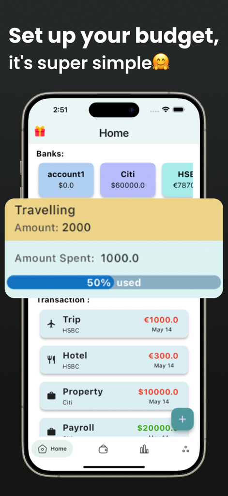 Budget Planner・Expense Manager - iPhone screenshot of Budget Planner app showing home dashboard with bank accounts and a travel budget tracker at 50 percent usage
