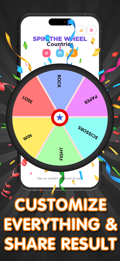 Spin The Wheel - Raffle App - Una rueda giratoria personalizable y colorida con confeti en la pantalla de un teléfono móvil